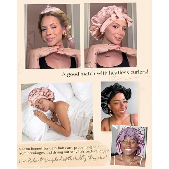 🆕 WomenBlack Satin Silk Bonnet for Sleeping Curly Hair Satin Lined Double Layer - Picture 5 of 6